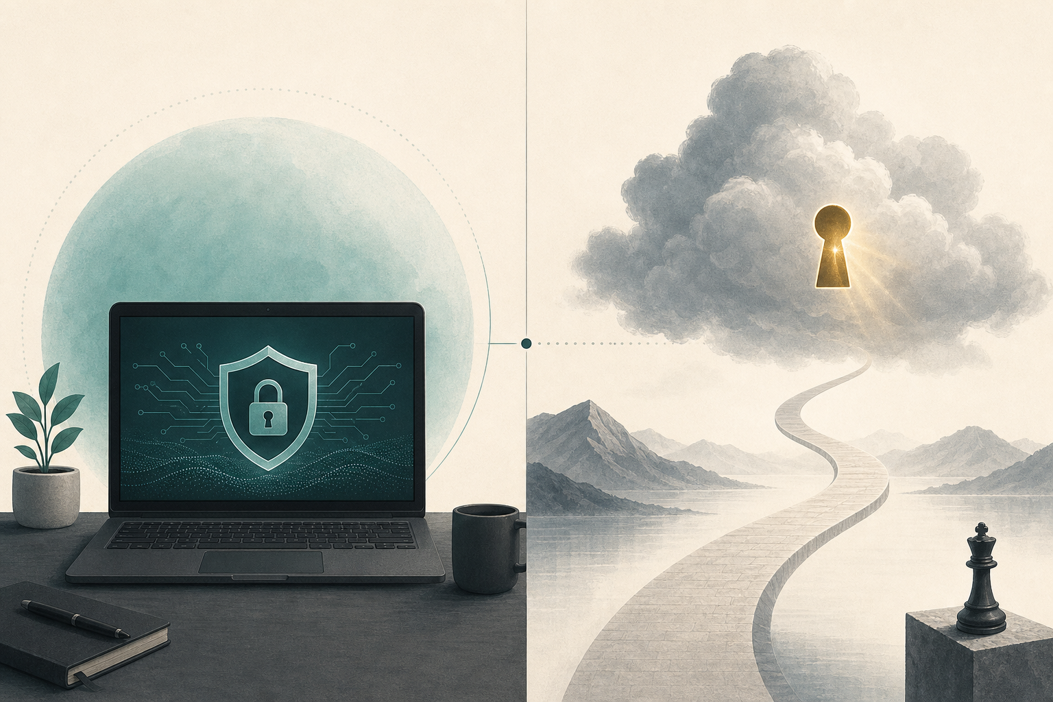 Local private laptop on the left, selective cloud access on the right