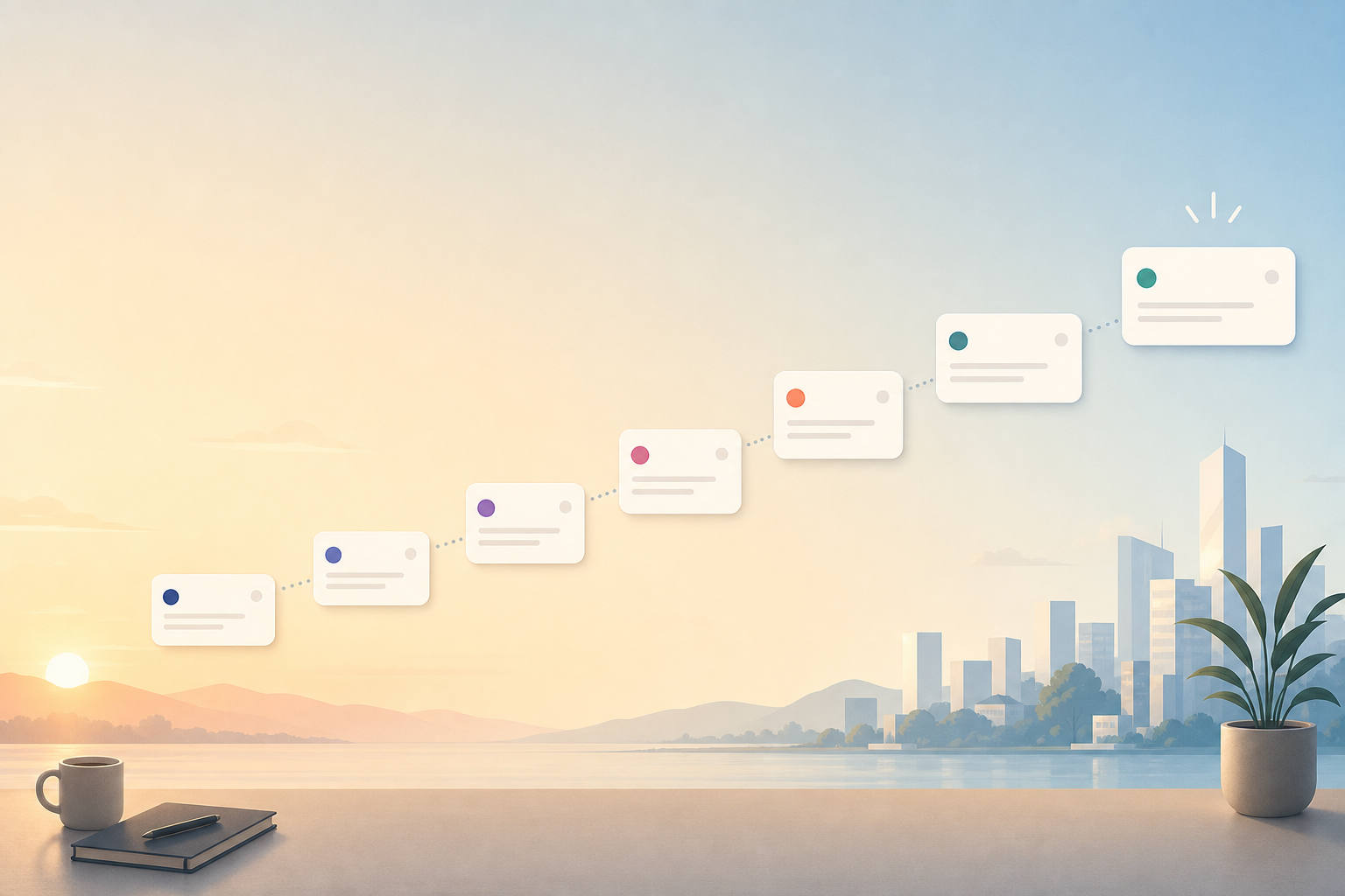 Dawn timeline of morning briefs arriving as notification cards